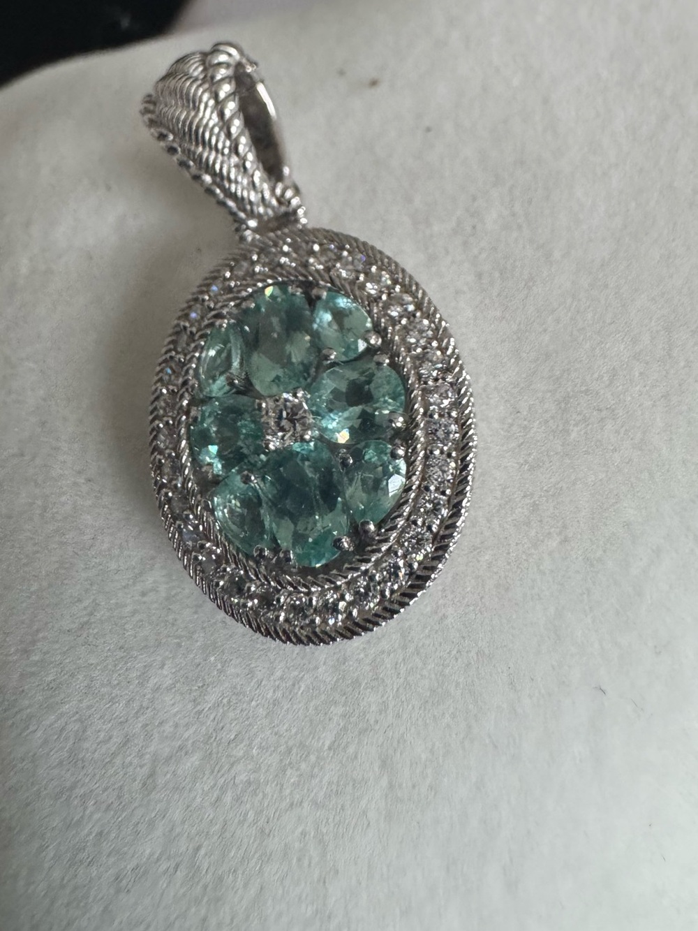 Judith Ripka 925 Silver Oval Aquamarine Cluster Pendant w/Surrounding Diamonique - Picture 2 of 8